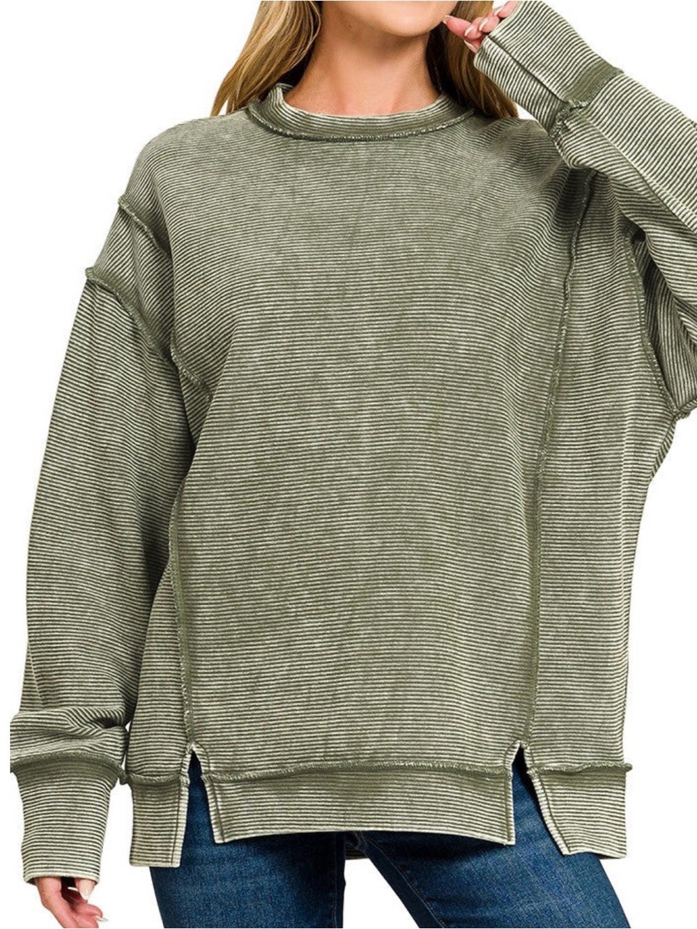Dark Olive Acid Wash Double Ribbed Exposed-Seam Sweatshirt